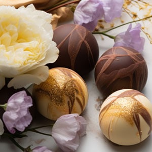 4 different chocolates surrounded by white and purple flowers