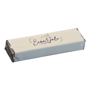 Erne Vale Chocolate Bar wrapped in white paper with silver foil and the logo in the centre