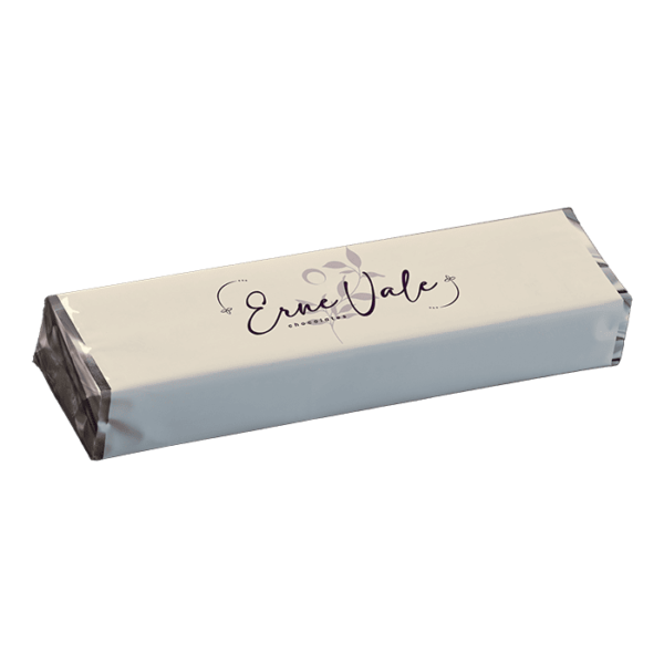 Erne Vale Chocolate Bar wrapped in white paper with silver foil and the logo in the centre